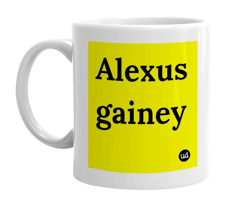White mug with 'Alexus gainey' in bold black letters