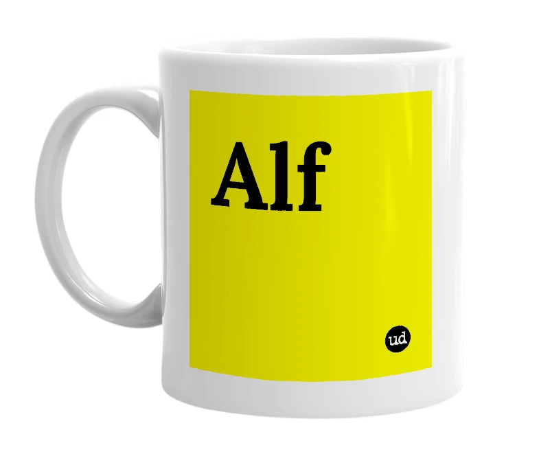 White mug with 'Alf' in bold black letters