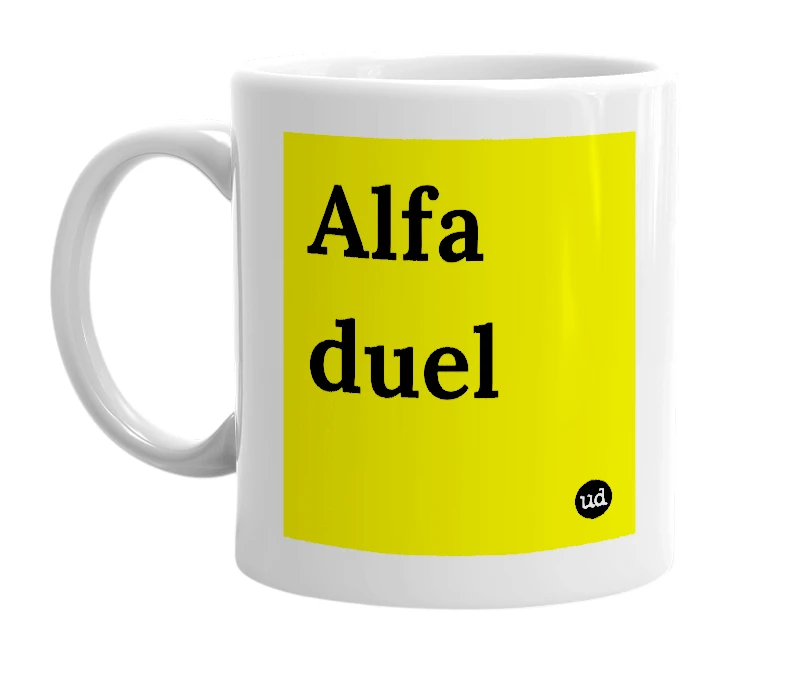 White mug with 'Alfa duel' in bold black letters
