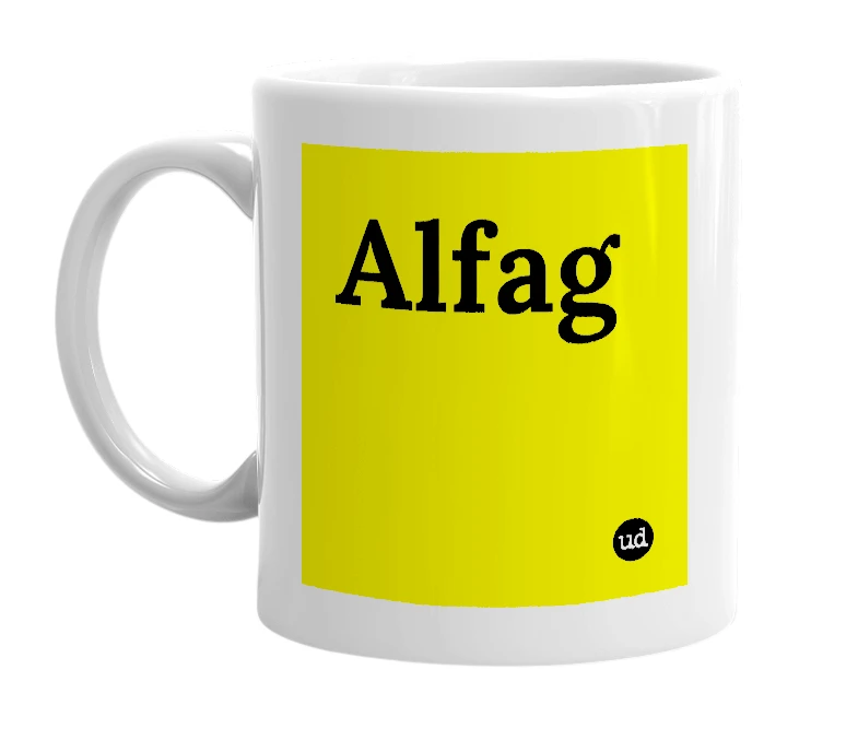 White mug with 'Alfag' in bold black letters