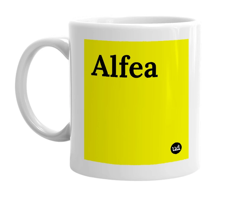 White mug with 'Alfea' in bold black letters