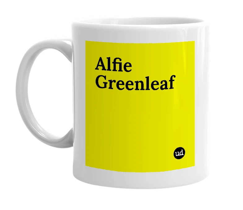 White mug with 'Alfie Greenleaf' in bold black letters