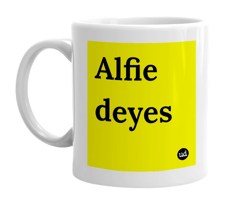 White mug with 'Alfie deyes' in bold black letters
