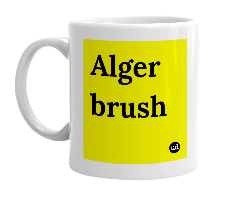 White mug with 'Alger brush' in bold black letters