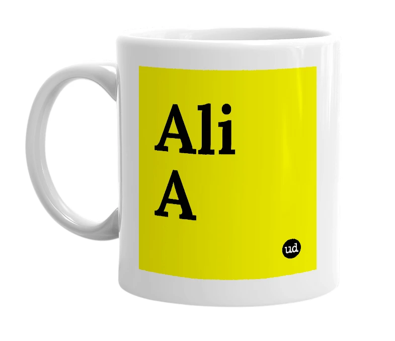 White mug with 'Ali A' in bold black letters