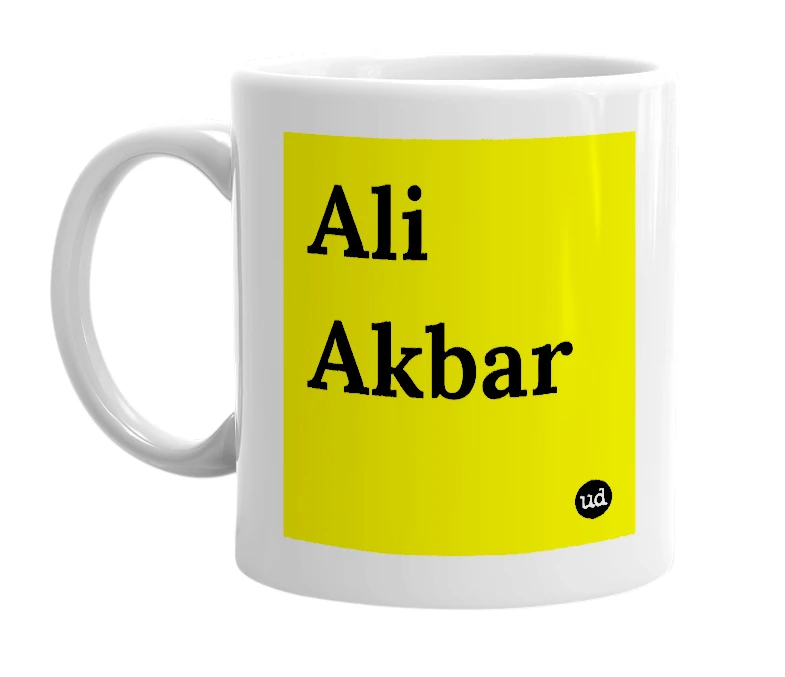 White mug with 'Ali Akbar' in bold black letters