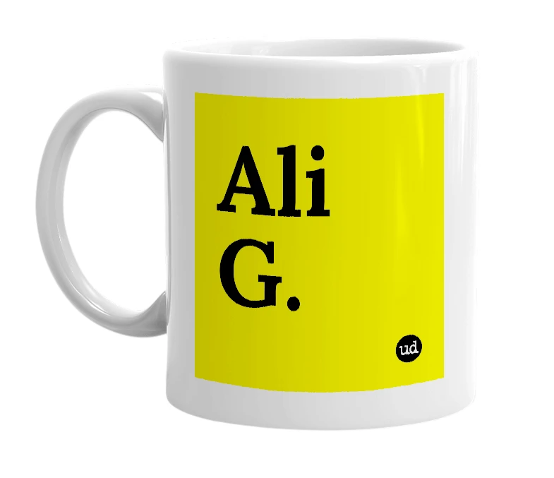 White mug with 'Ali G.' in bold black letters