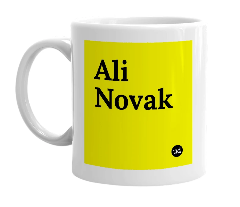 White mug with 'Ali Novak' in bold black letters