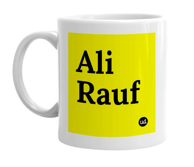 White mug with 'Ali Rauf' in bold black letters
