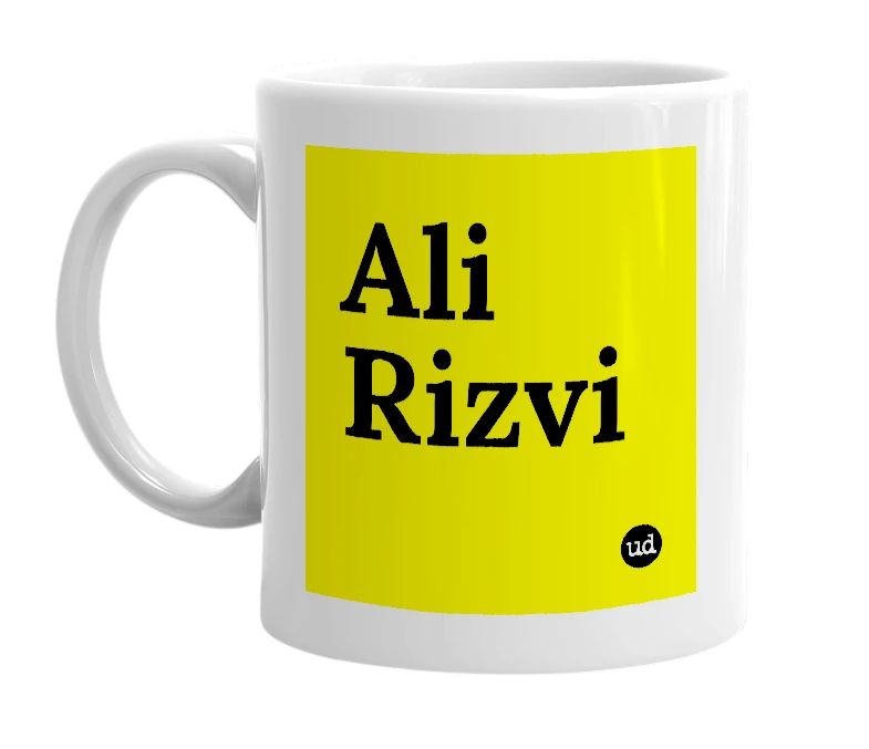 White mug with 'Ali Rizvi' in bold black letters