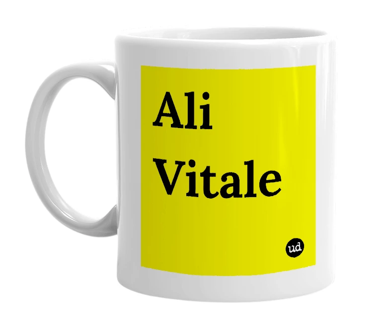 White mug with 'Ali Vitale' in bold black letters