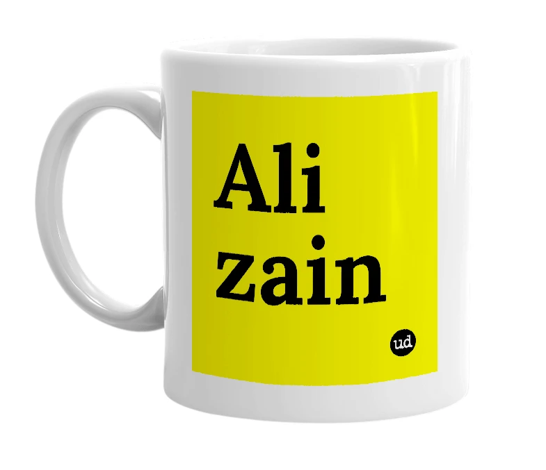 White mug with 'Ali zain' in bold black letters