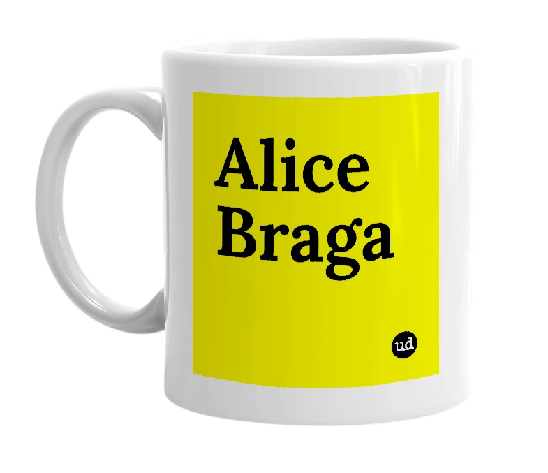 White mug with 'Alice Braga' in bold black letters