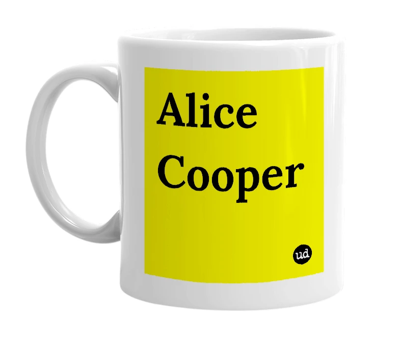 White mug with 'Alice Cooper' in bold black letters