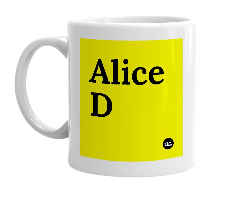 White mug with 'Alice D' in bold black letters