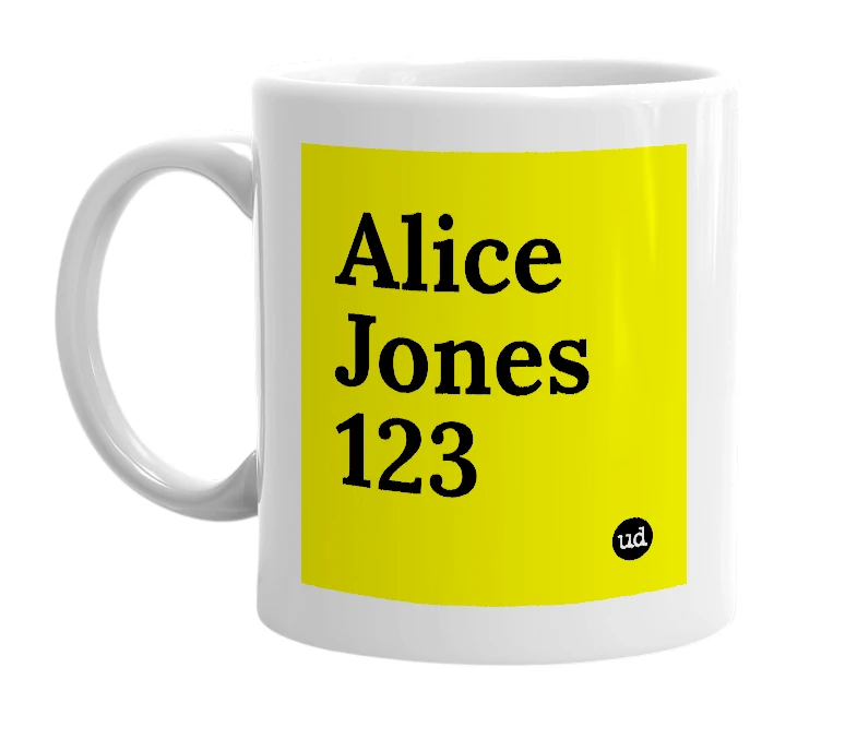 White mug with 'Alice Jones 123' in bold black letters