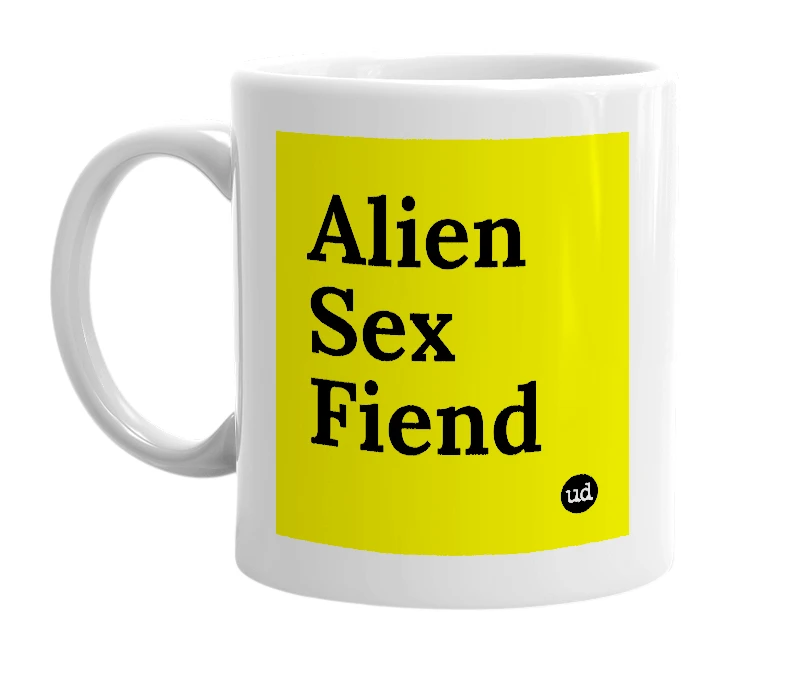 White mug with 'Alien Sex Fiend' in bold black letters