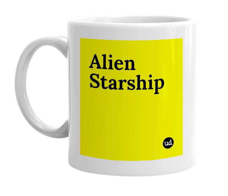 White mug with 'Alien Starship' in bold black letters