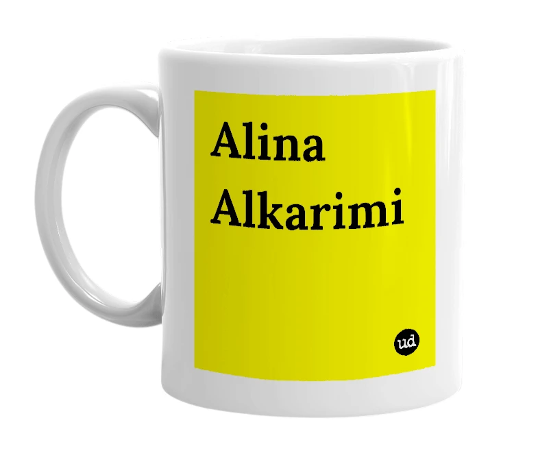 White mug with 'Alina Alkarimi' in bold black letters