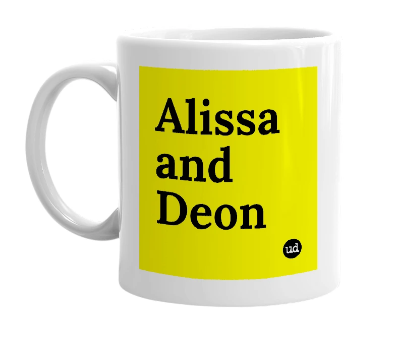 White mug with 'Alissa and Deon' in bold black letters