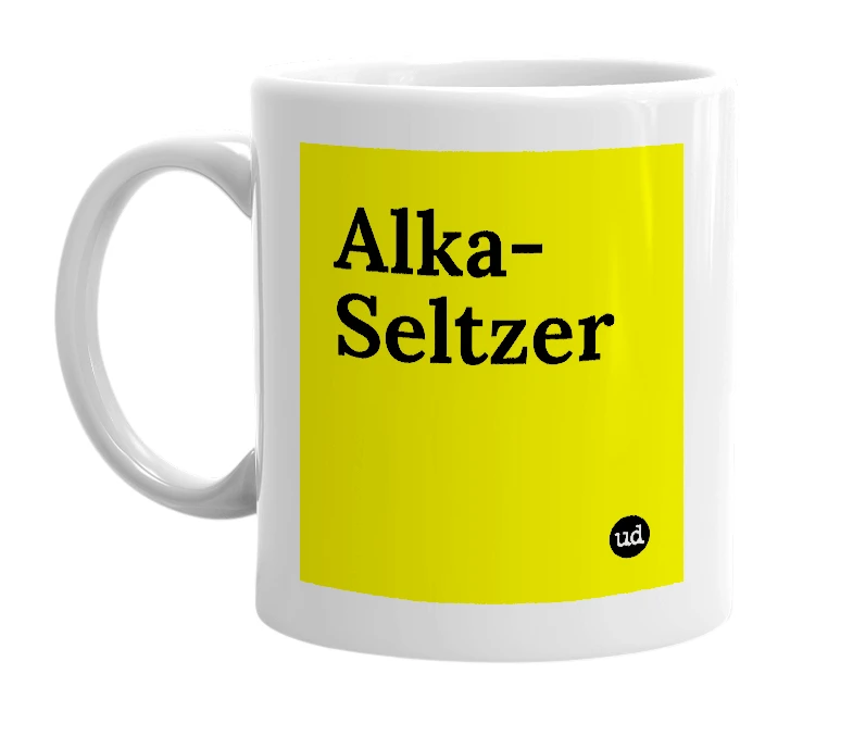 White mug with 'Alka-Seltzer' in bold black letters