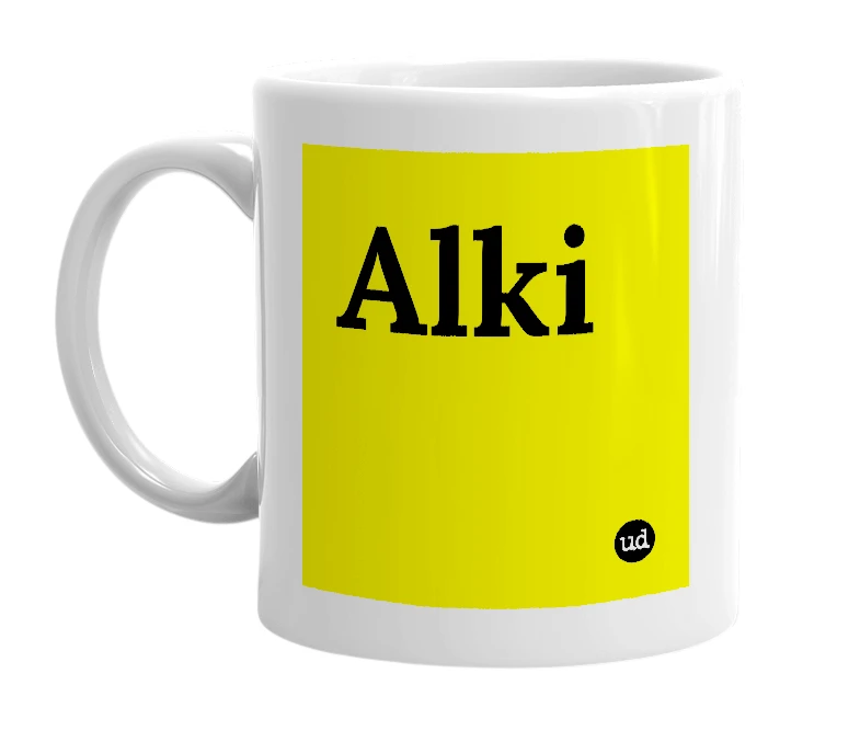 White mug with 'Alki' in bold black letters