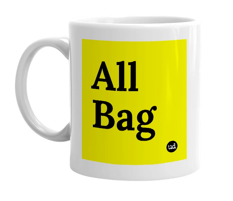 White mug with 'All Bag' in bold black letters