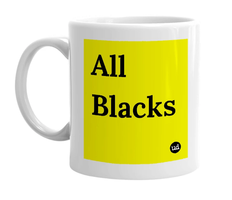 White mug with 'All Blacks' in bold black letters