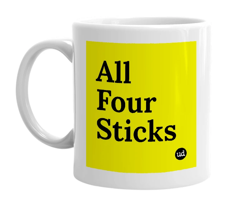 White mug with 'All Four Sticks' in bold black letters