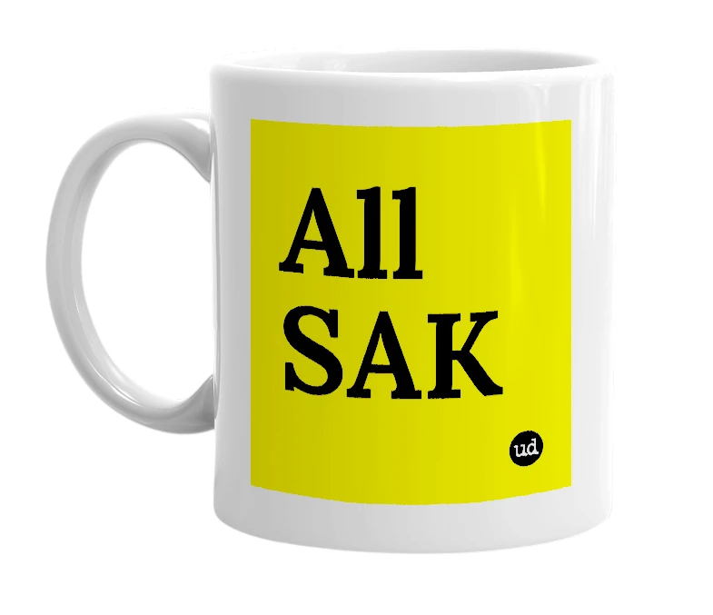 White mug with 'All SAK' in bold black letters