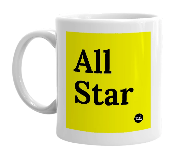 White mug with 'All Star' in bold black letters