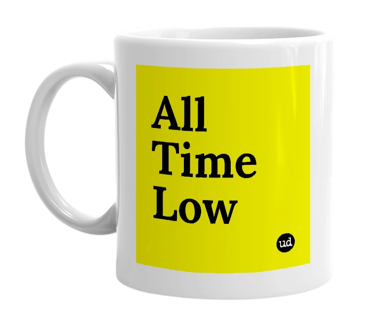 White mug with 'All Time Low' in bold black letters