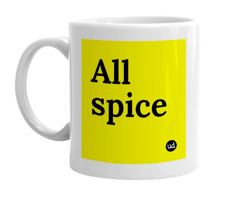 White mug with 'All spice' in bold black letters