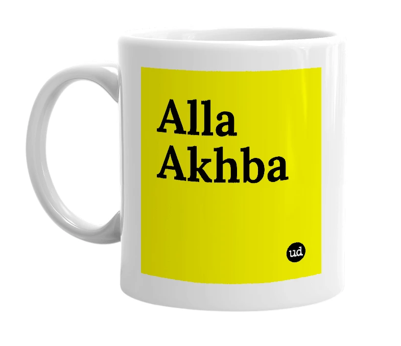 White mug with 'Alla Akhba' in bold black letters