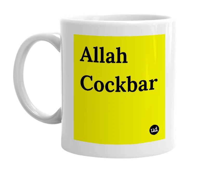 White mug with 'Allah Cockbar' in bold black letters