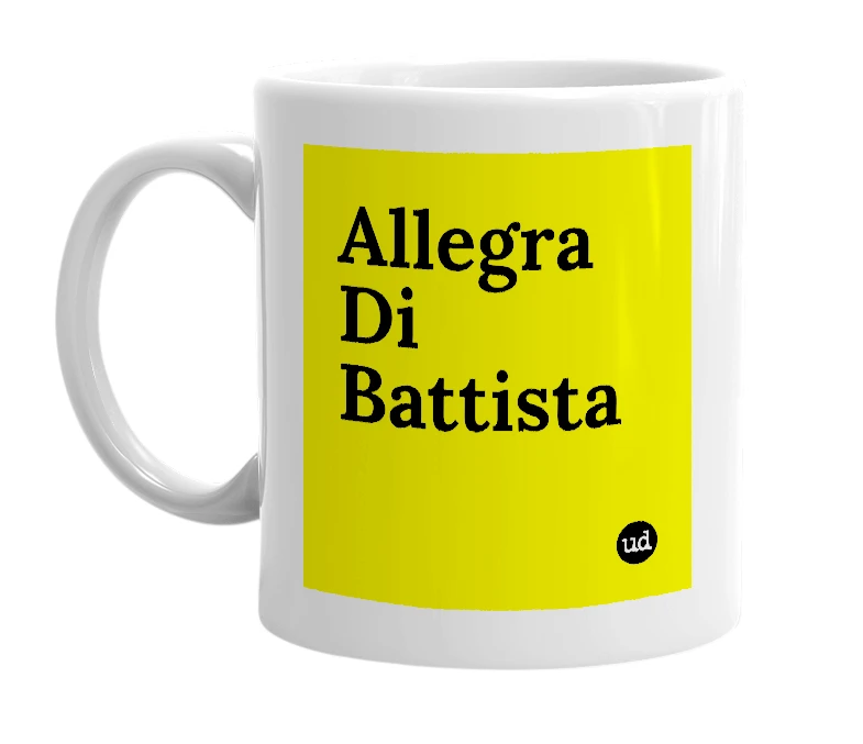 White mug with 'Allegra Di Battista' in bold black letters