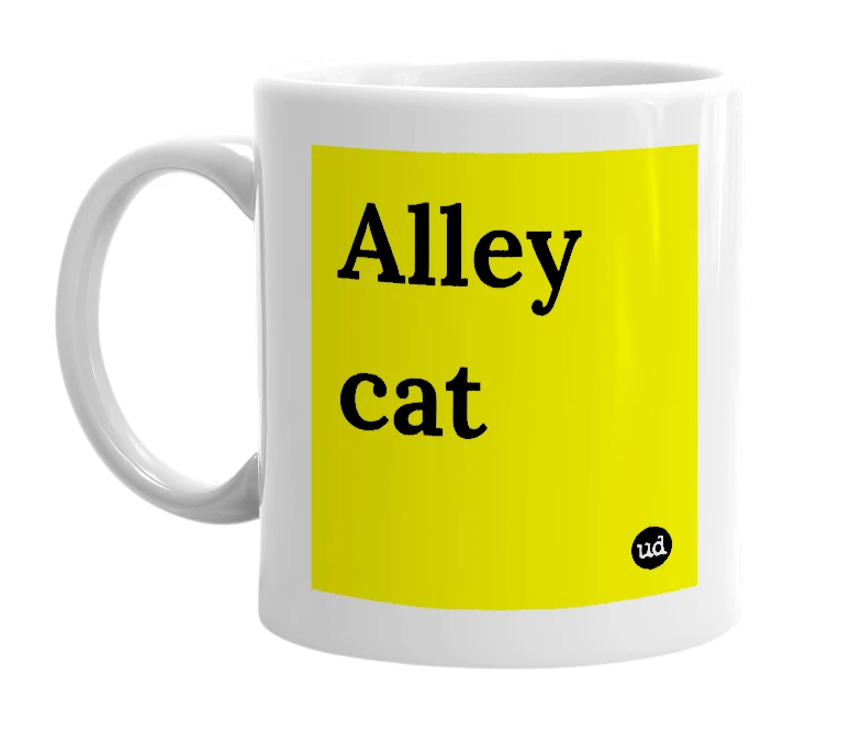 White mug with 'Alley cat' in bold black letters