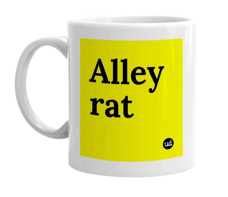 White mug with 'Alley rat' in bold black letters