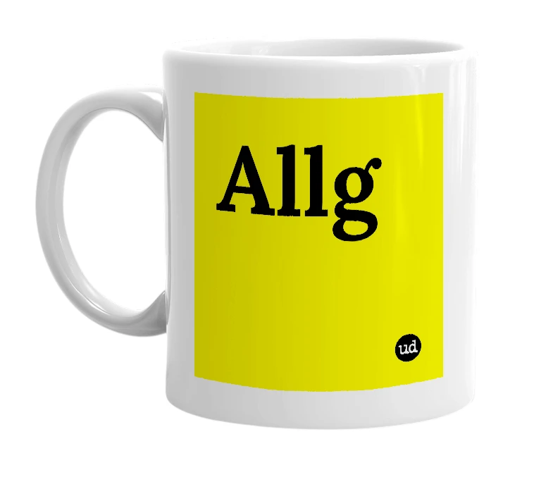 White mug with 'Allg' in bold black letters