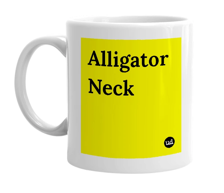 White mug with 'Alligator Neck' in bold black letters