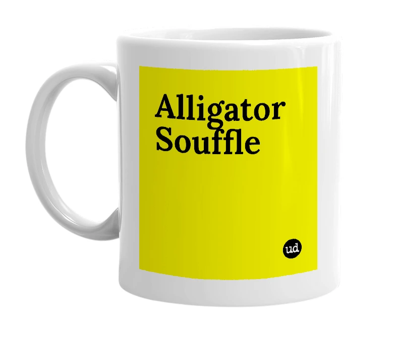 White mug with 'Alligator Souffle' in bold black letters