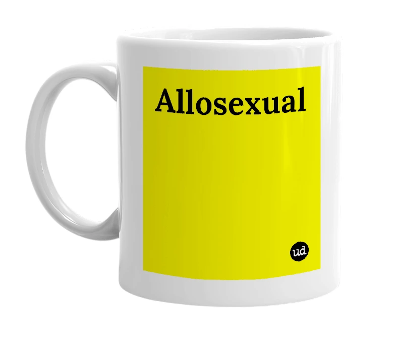 White mug with 'Allosexual' in bold black letters