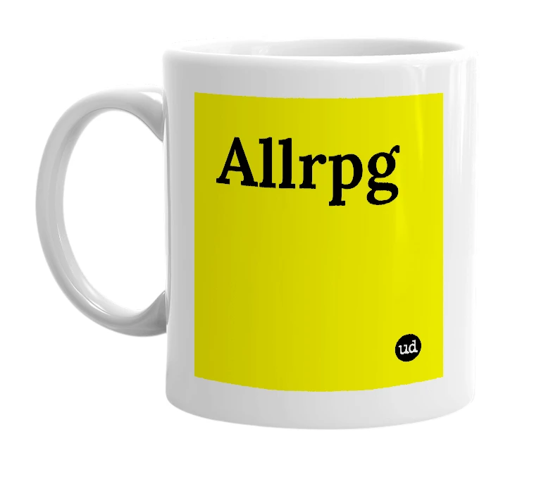 White mug with 'Allrpg' in bold black letters