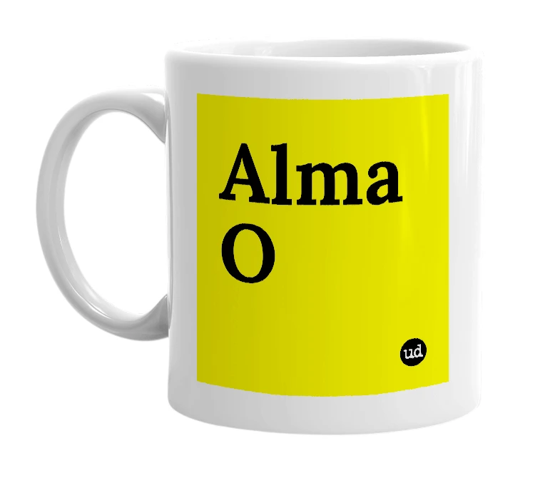 White mug with 'Alma O' in bold black letters