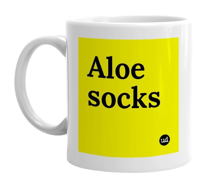 White mug with 'Aloe socks' in bold black letters