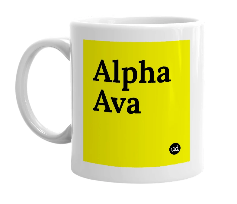 White mug with 'Alpha Ava' in bold black letters