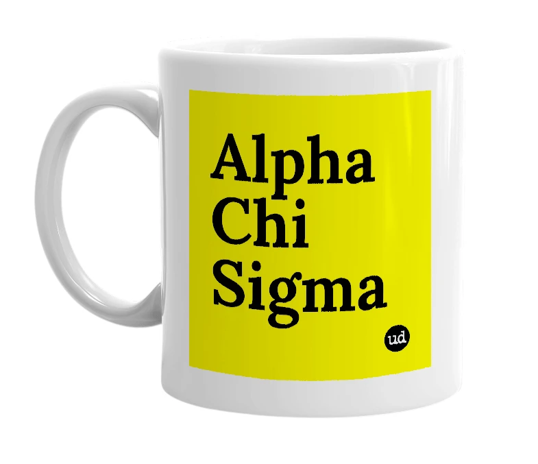 White mug with 'Alpha Chi Sigma' in bold black letters