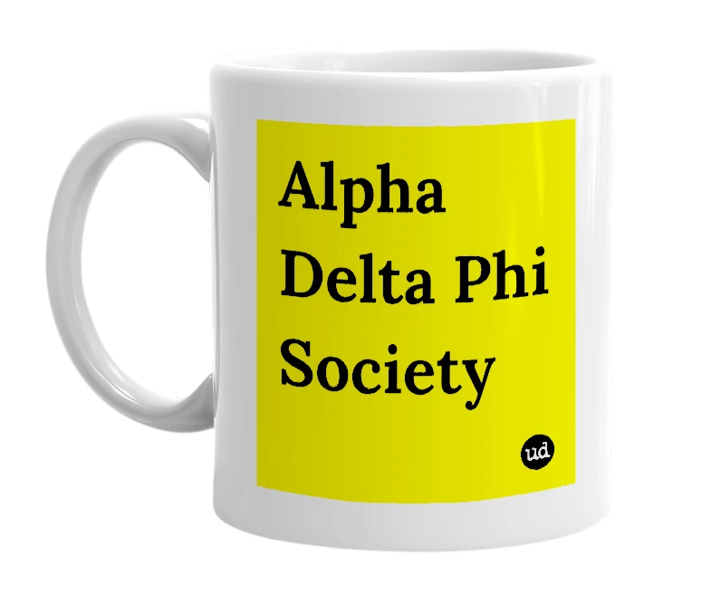 White mug with 'Alpha Delta Phi Society' in bold black letters