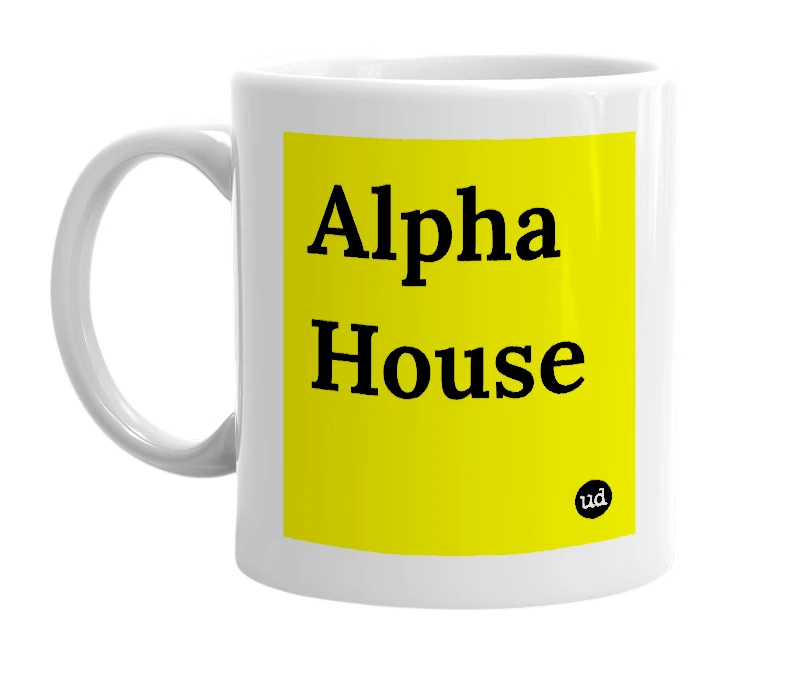 White mug with 'Alpha House' in bold black letters