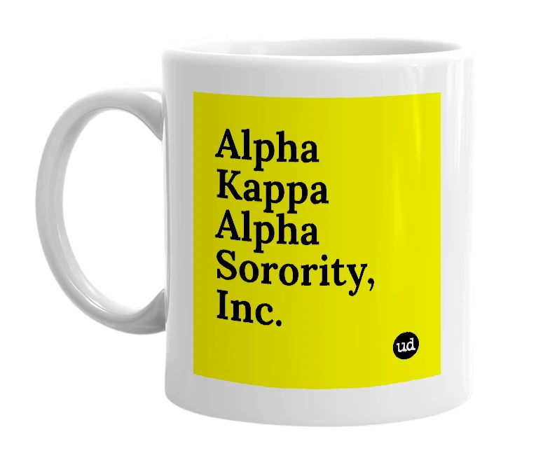 White mug with 'Alpha Kappa Alpha Sorority, Inc.' in bold black letters